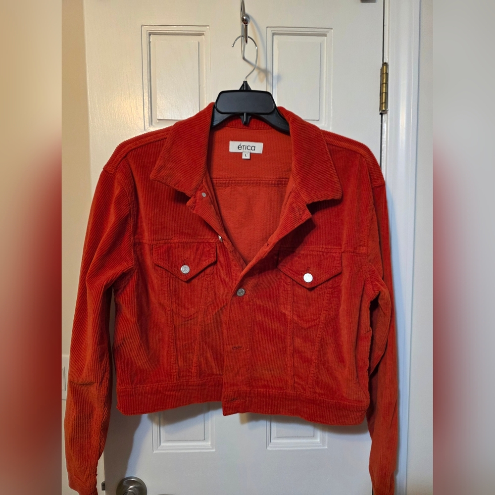 Etica Bold Orange Corduroy Jean Jacket